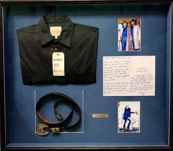 Kinnie Gibson's shirt, belt, letter to Aldous \ Walker LLP, and photos of the stuntman in action.